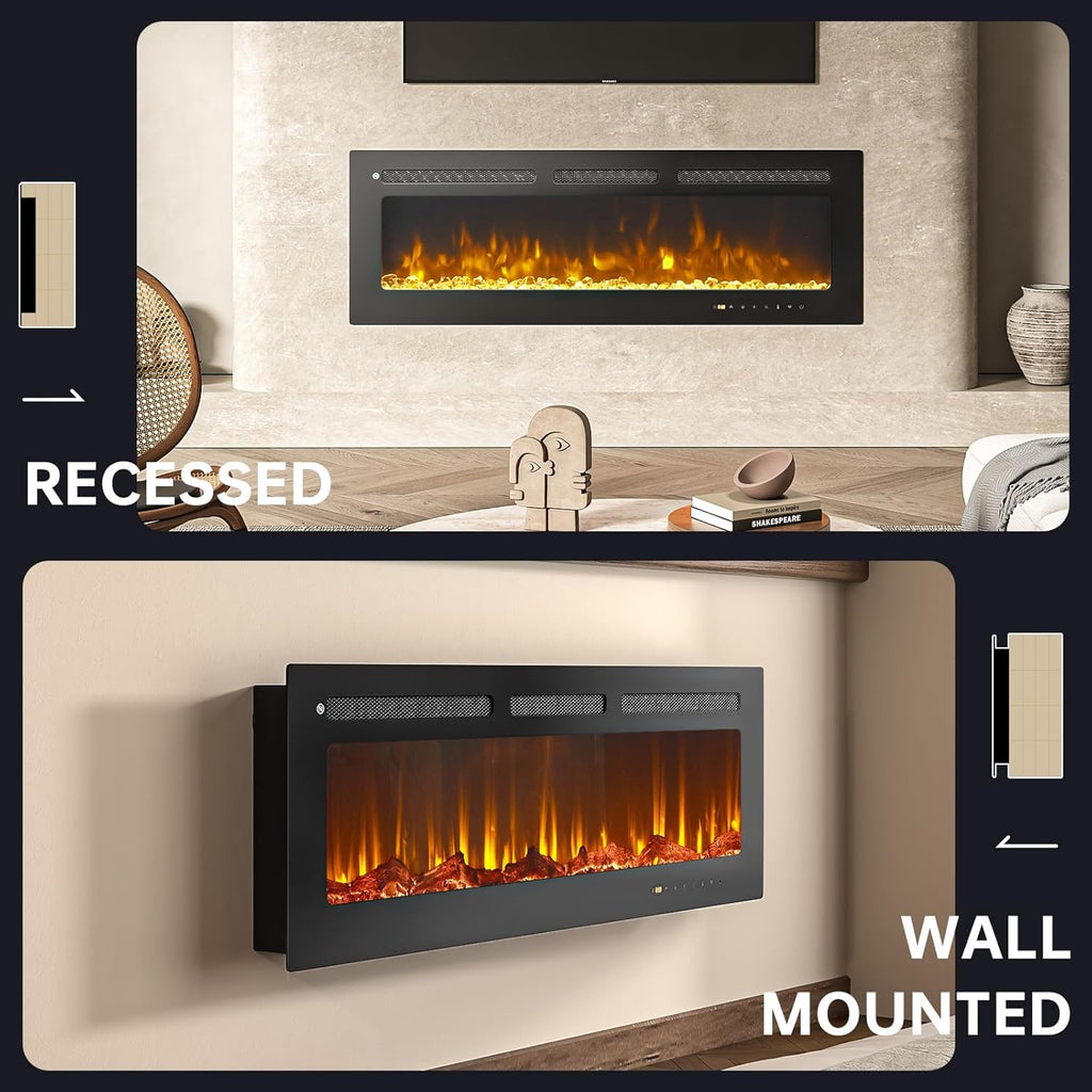 50” Smart Electric Fireplace Heater, Compatible with Alexa & Google Home, Wall Mount