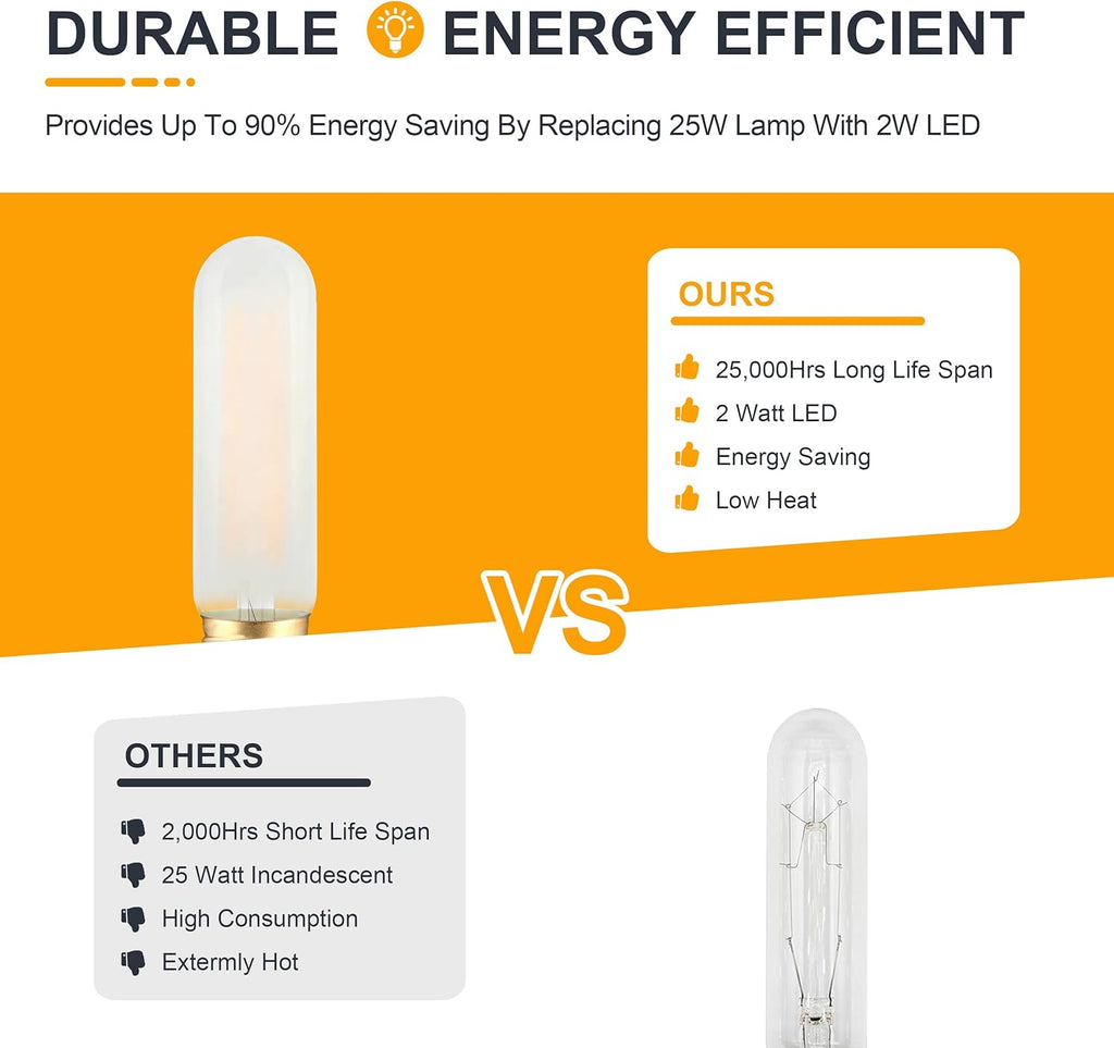 Frosted T10 LED Bulb- Dimmable E26 LED Chandelier Light Bulbs 25W Equivalent- 2700K Soft Warm- 2W Vintage Tubular (3 Count)
