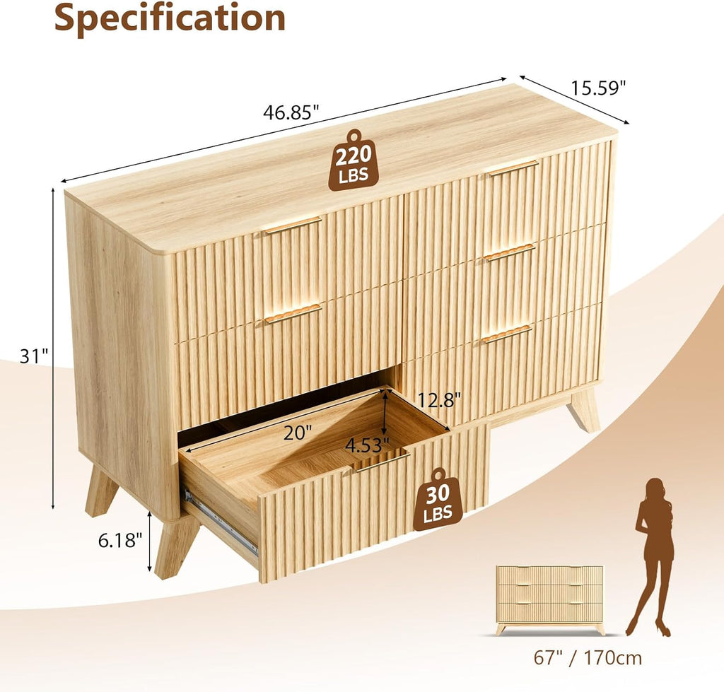 Fluted Dresser , 6 Drawer Dresser w/Rounded Edges, Mid Century Modern Dressers Natural Wood Color, 46.8" W*15.6"