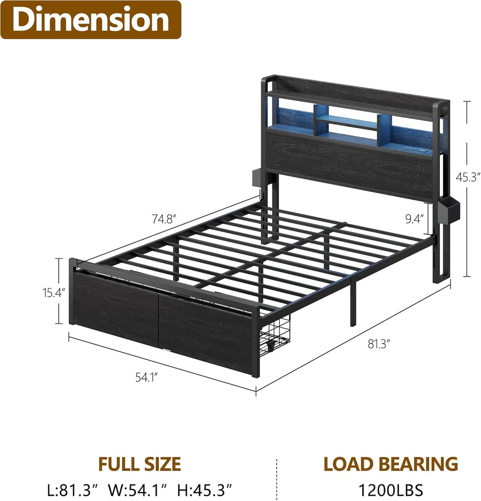 Full Bed Frame with Wood Headboard, Metal Platform Bed Frame Full with 2 Storage Drawers and Shelf