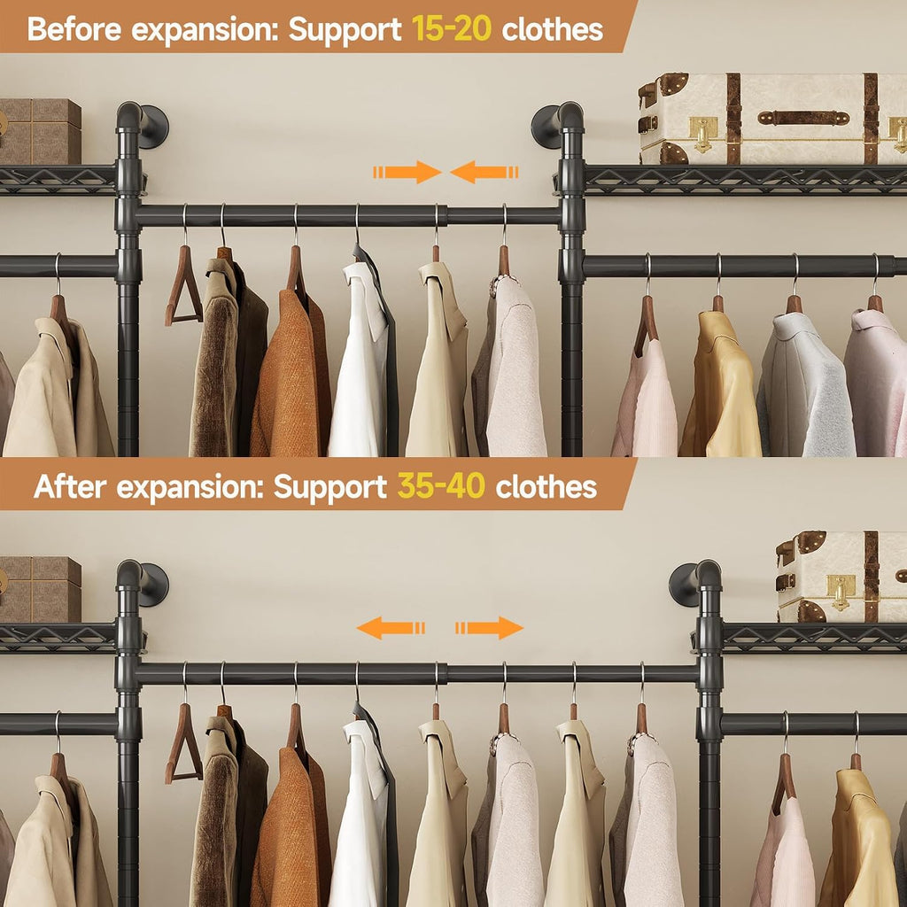 Wall Mounted Garment Rack, Industrial Pipe Metal Clothing Rack with 6 Hanging Rods (4 Expandable) & 8 Shelves, Closet