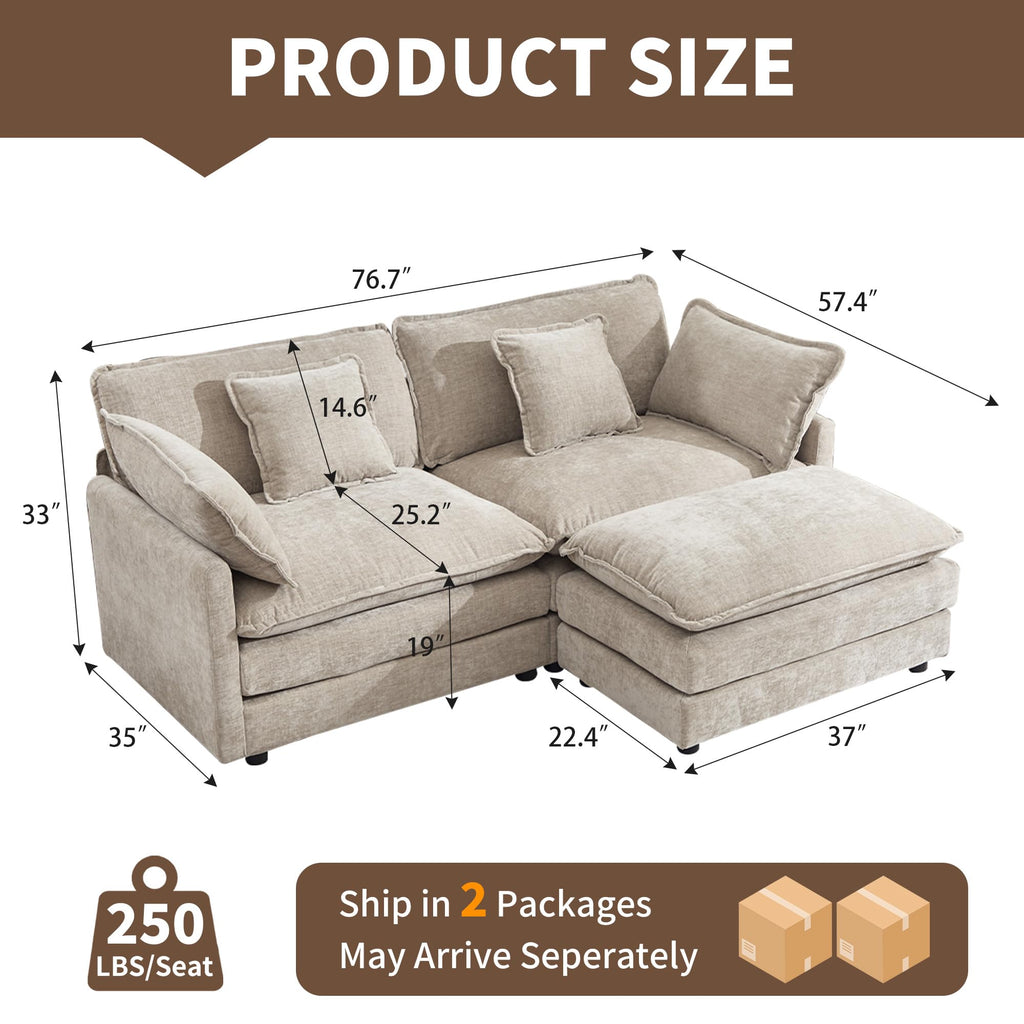 76.7" Cloud Loveseat Couch with Ottoman, Small L Shape Sectional Sofa