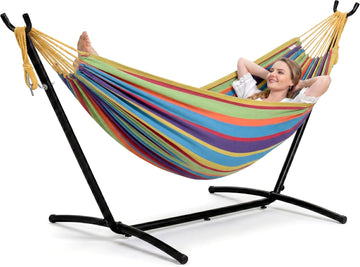 Portable Outdoor Hammock with Stand Included, Rainbow | Fabric Hammock with Stand for Outside