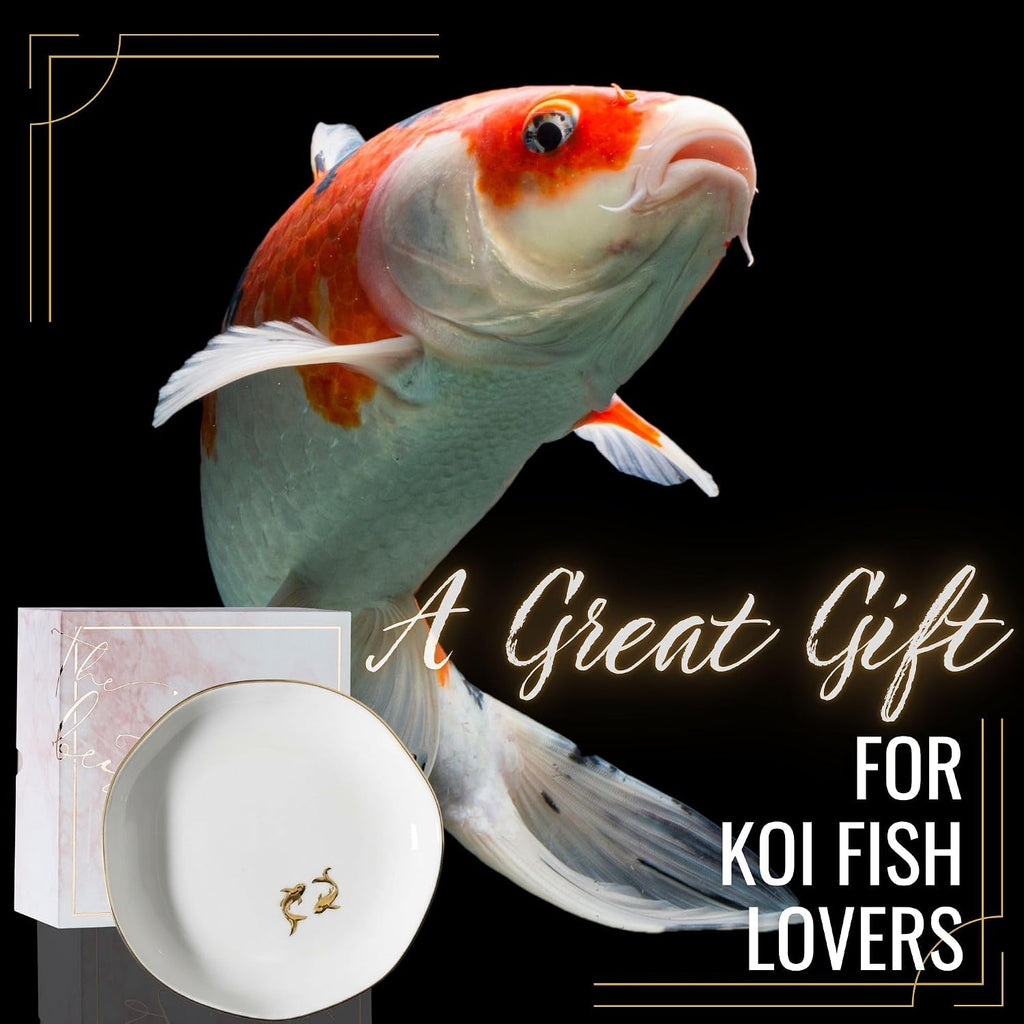 Japanese Gifts for Women, KOI Fish Gift - 4.75" Handcrafted Ceramic Ring Dish with Gold Trim, Decorative Trinket Dish