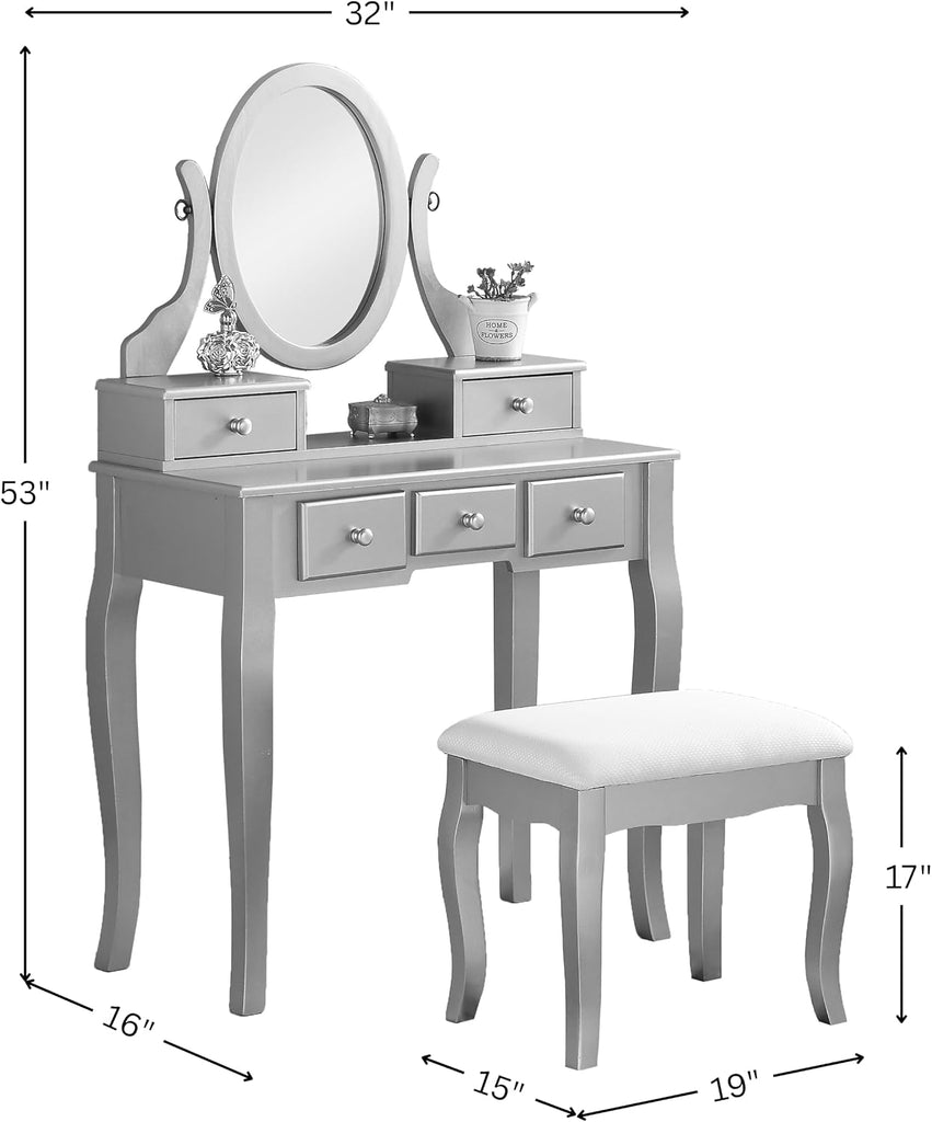 Ashley Wood Makeup Vanity Table and Stool Set, Gold