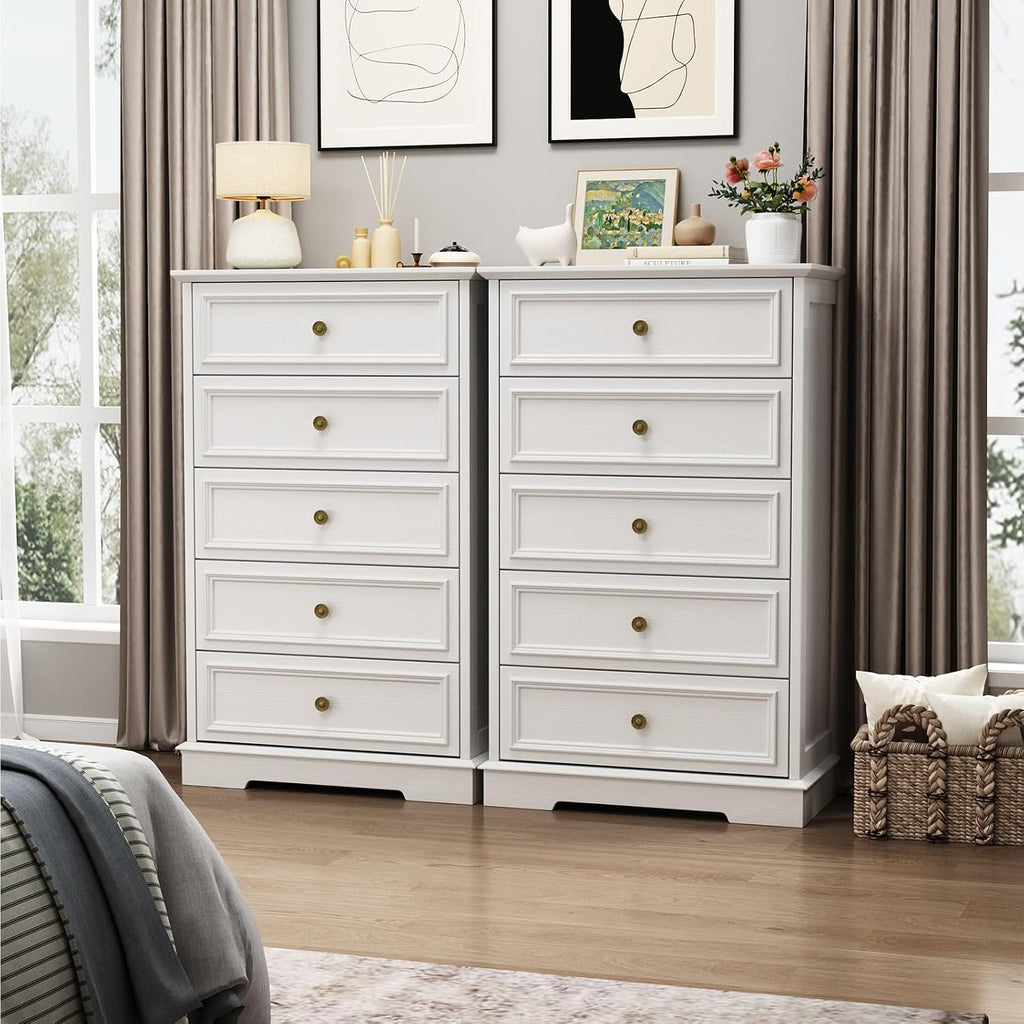 White Dresser , 44" Tall 5 Drawer Dresser, Wooden Chest of Drawers with Large Storage, Vertical Dressers for Closet