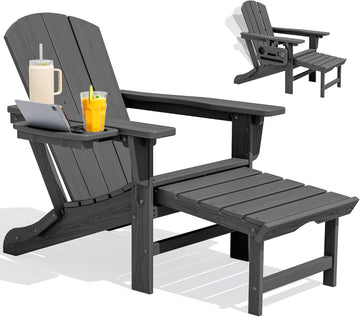 Folding Adjustable Adirondack Chair with Footrest, HDPE Outdoor Chair with 4-in-1 Cup Holders, All Weather Adirondack