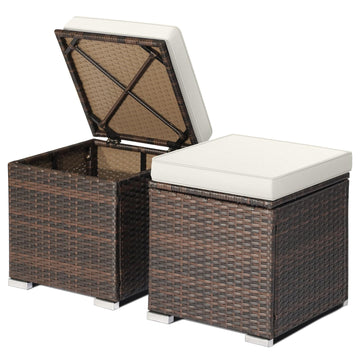 Outdoor Storage Ottoman Wicker 2 Piece, Patio Ottomans PE Rattan Foot Rest Footstool with Cushions for Couch, Chair