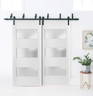 Slab Barn Door Panel Frosted Glass 3 Lites 32 x 80 inches | Lucia 4070 White Silk | Sturdy Finished Doors | Pocket