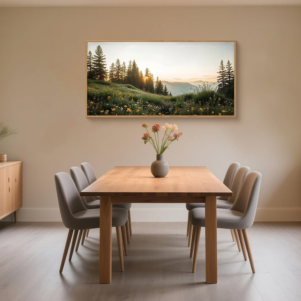 Green Forest Mountain Framed Canvas Wall Art Set, Wildflower Meadow Wall Decor, Floral Pictures Artwork, Nature