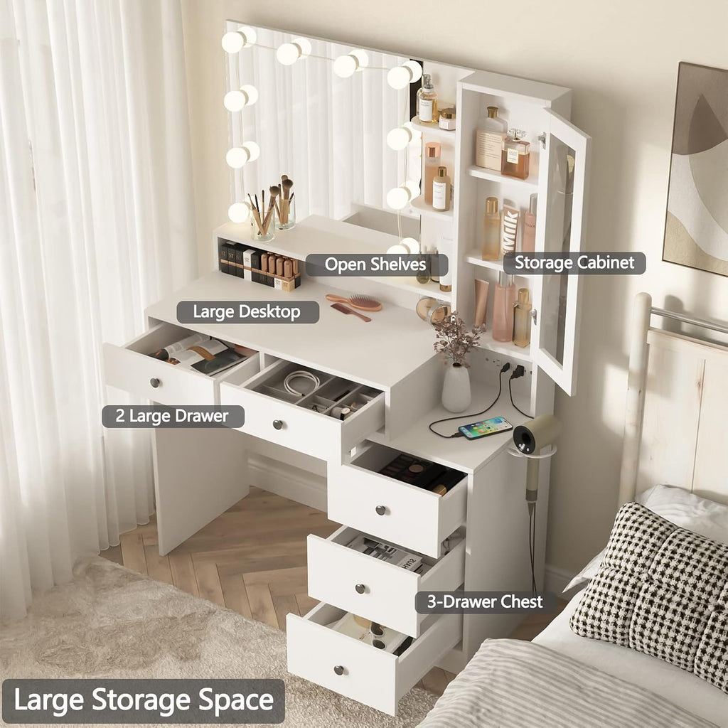 White Makeup Vanity Desk with Mirror and Lights,Vanity Table with Power Strip and Lighted Mirror,Large Makeup Table