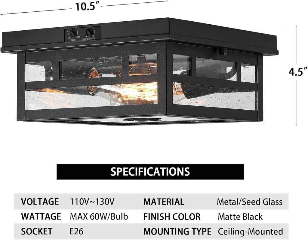 Outdoor Flush Mount Motion Sensor Ceiling Light - Timeless Industrial Design with Seeded Clear Glass for Your Porch