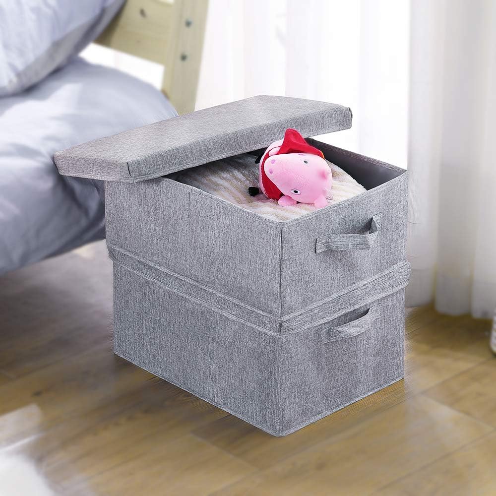 Linen Foldable Storage Bins with Lids, 2 Pack, Storage Boxes with Carrying Handles and Sturdy Heavy Cardboard, 16.5"