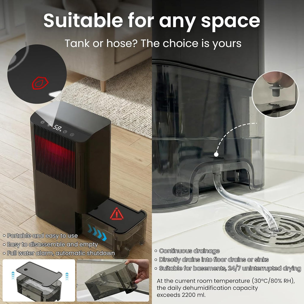 Dehumidifier, Dehumidifier for Basement with Drain Hose/Humidity Display/85 OZ Water Tank/Auto Shut Off/Washable