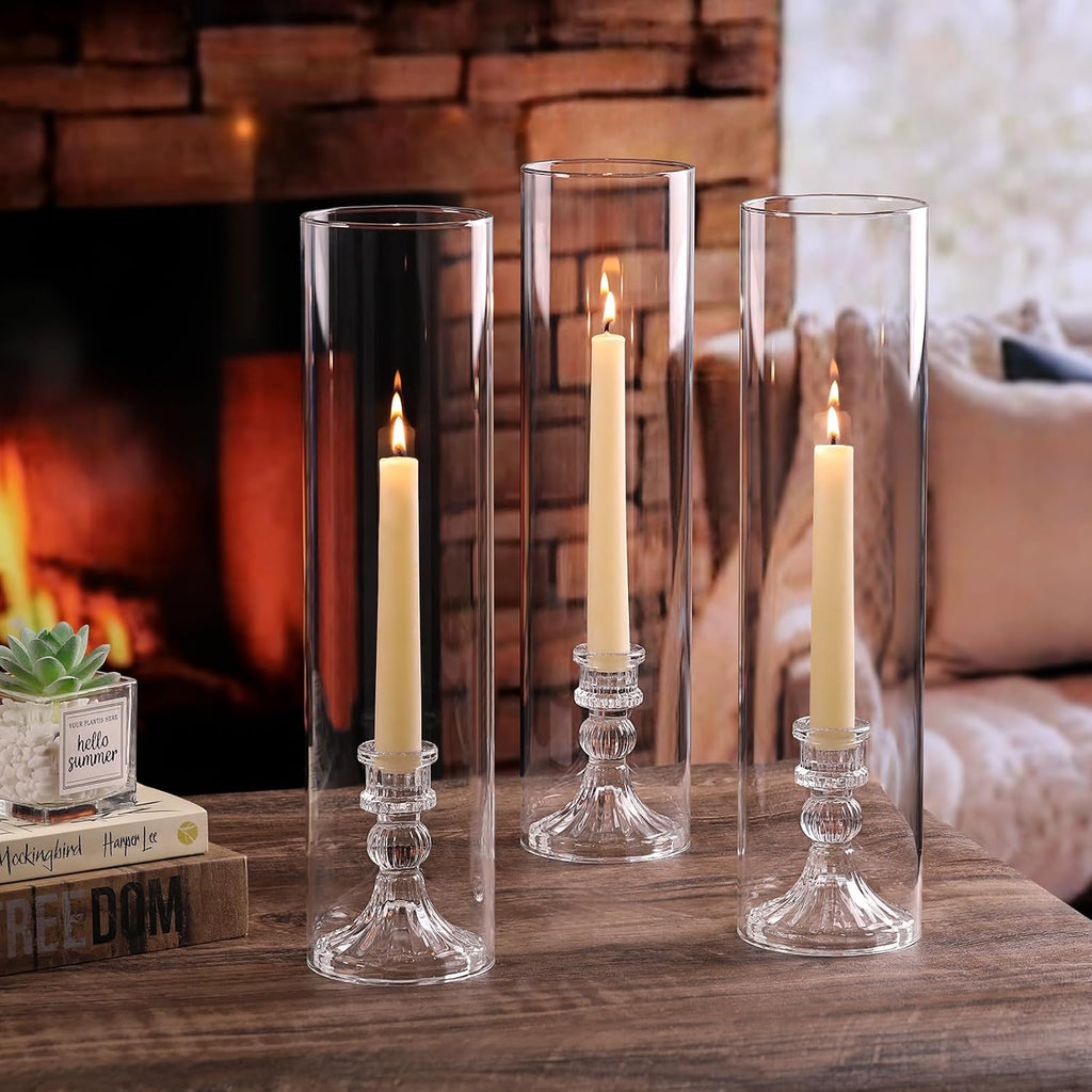 6 Set Hurricane Glass Candle Holders for Taper Candles, Vertical Striped Candlestick Holders with Windproof Glass