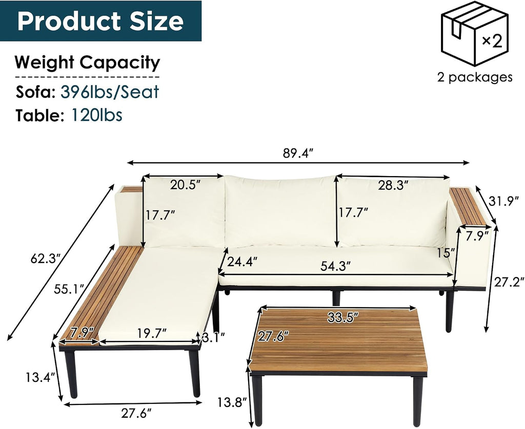 Luxury 4-Piece L-Shaped Outdoor Patio Sofa Set with Acacia Wood Side & Coffee Table, Removable Cushions & Pillows