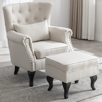 Accent Reading Arm Chairs with Ottoman Bedroom, Midcentury Modern Comfy Corner Sofa Chair, Wingback Waiting Room Club