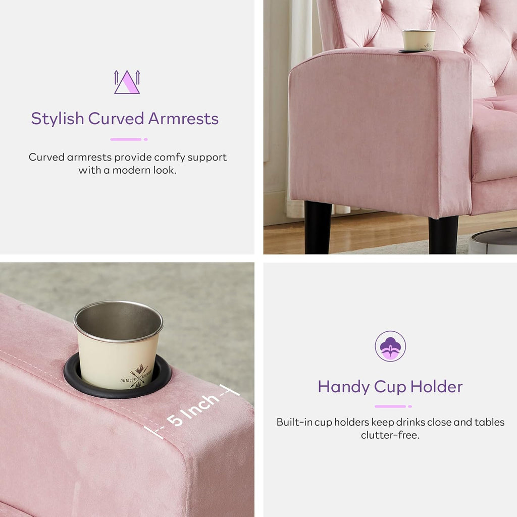 Mid-Century Modern Tufted Pink Velvet Loveseat Sofa Set w/ 2 USB & 2 Cupholders, 2 Piece Living Room Furniture Sets