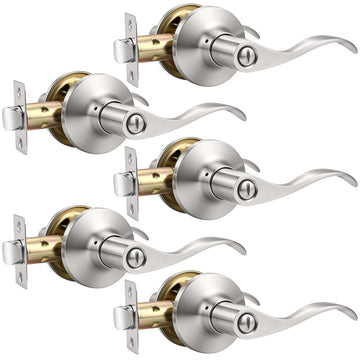 5 Pack Satin Nickel Privacy Door Lever, Modern Interior Door Knobs Locks, Heavy Duty Door Handle, Reversible Wave