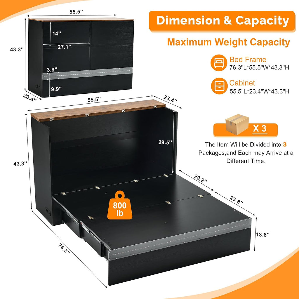 Full Murphy Bed with Storage Drawer,Smart LED Lighting,Built-in 2 Charging Stations, Space-Saving Cabinet Bed for