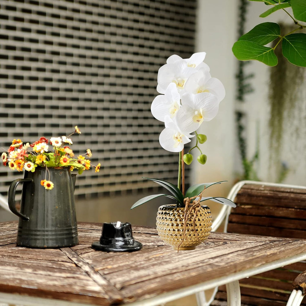 Orchids Artificial Flowers, 15" Faux Orchid in Gold Flower Pot Real Touch Flowers in Pot Large Flower Arrangements