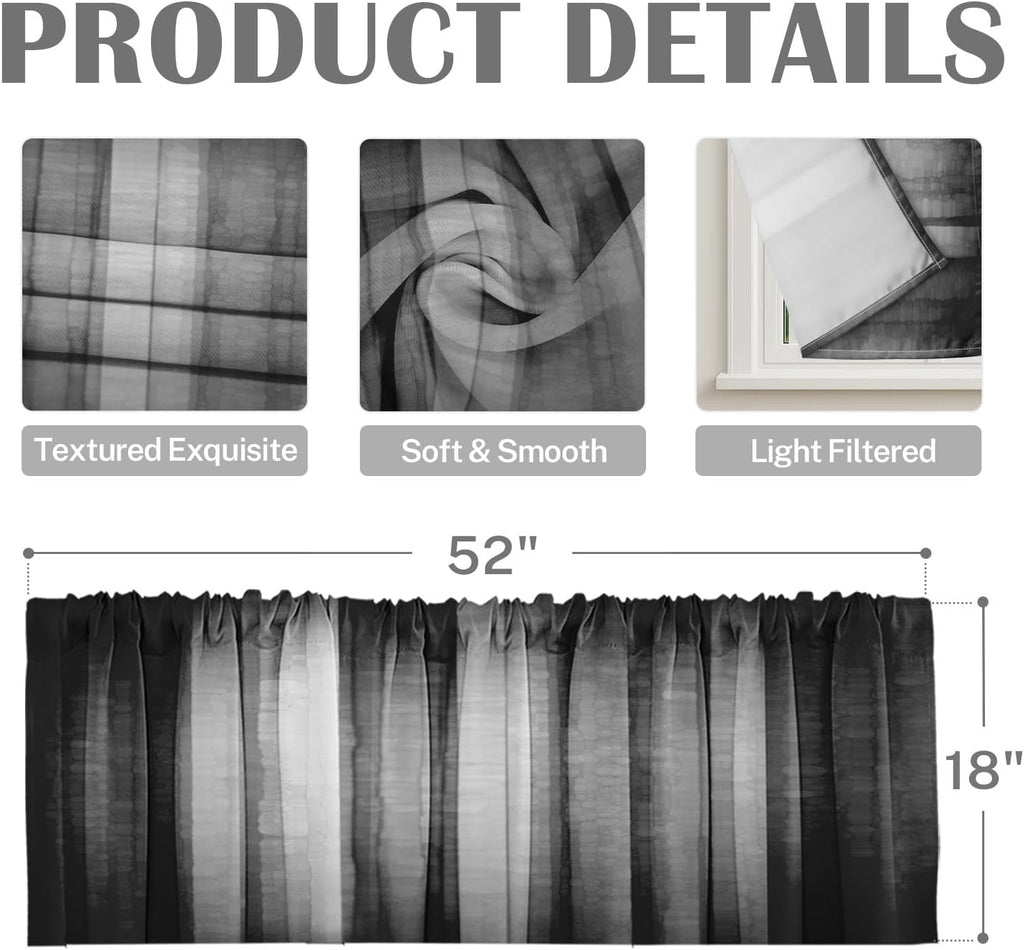 2 Pack Dark Grey Valances Window Treatments, Gray Striped Abstract Blackout Drapes Adjustable Curtain for Windows