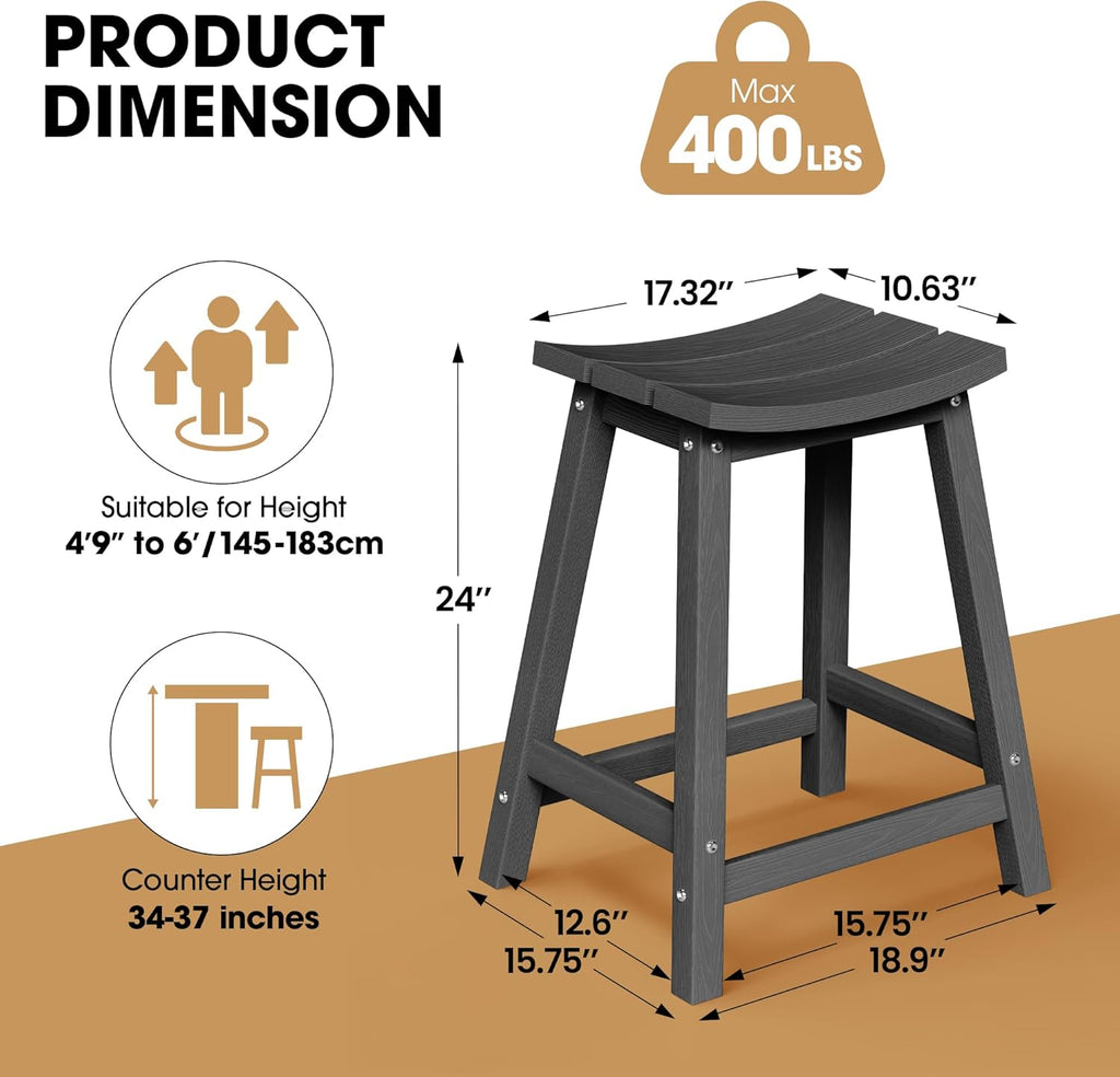 2 Set 24" Outdoor Bar Stools Heavy Duty HDPE Counter Height Bar Stools Weatherproof Patio Seats Modern Waterproof