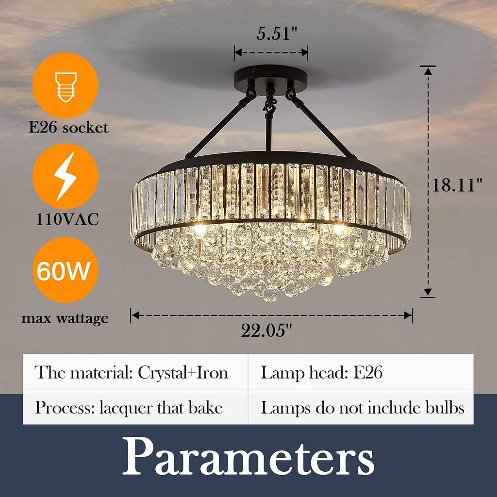 6-Light Modern Large Crystal Chandelier Black Metal E26 Semi Flush Mount Round Light Fixture Ceiling Lamp Farmhouse