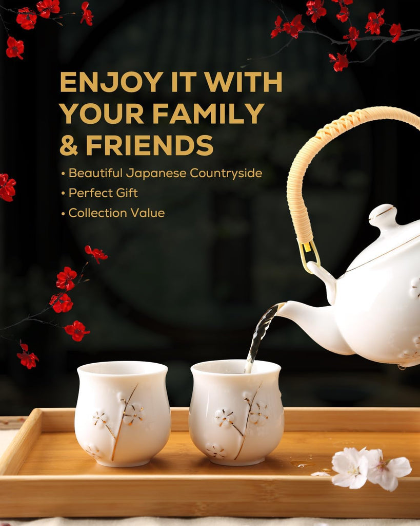 Japanese Tea Set, White Porcelain Chinese Tea Set (Plum in Golden)