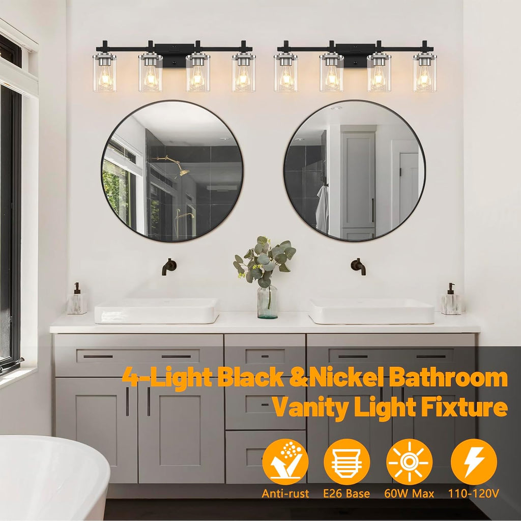 4-Lights Black and Brushed Nickel Vanity Lights with Clear Glass Shade, Bathroom Wall Light Fixtures, 30.3 Inch Large