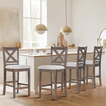 Upholstered Counter Height Bar Stools Set of 4, Modern Kitchen Island Barstools Chairs with Cross Back and Wood Legs