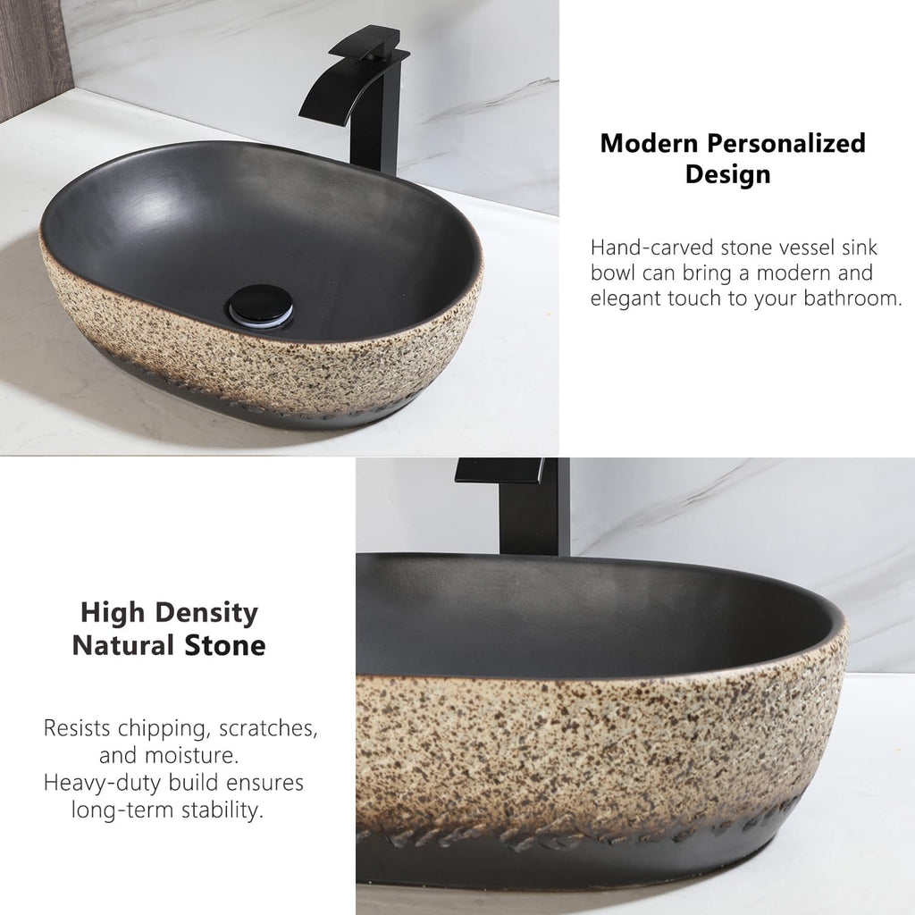 19 Inch Stone Bathroom Sink Basin with Waterfall Faucet and Pop-up Drain Combo,Tan Travertine Vessel Sink Above