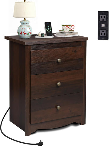 Tall Nightstand with Charging Station, Wood Night Stand with 3 Drawers Storage, Bedside Table End Side Tables with 2