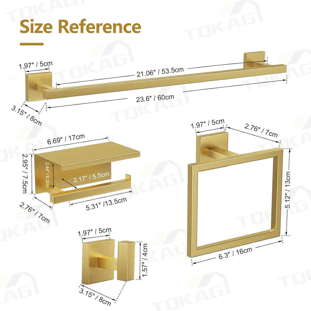 5-Pieces Brushed Gold Bathroom Hardware Accessories Set 23.6" SUS304 Stainless Steel Towel Bar Set Wall Mounted