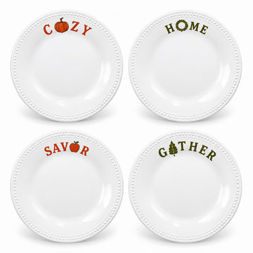 Fall Melamine Dinner Plates Set of 4, 11 Inch Beaded Rim Farmhouse Plates