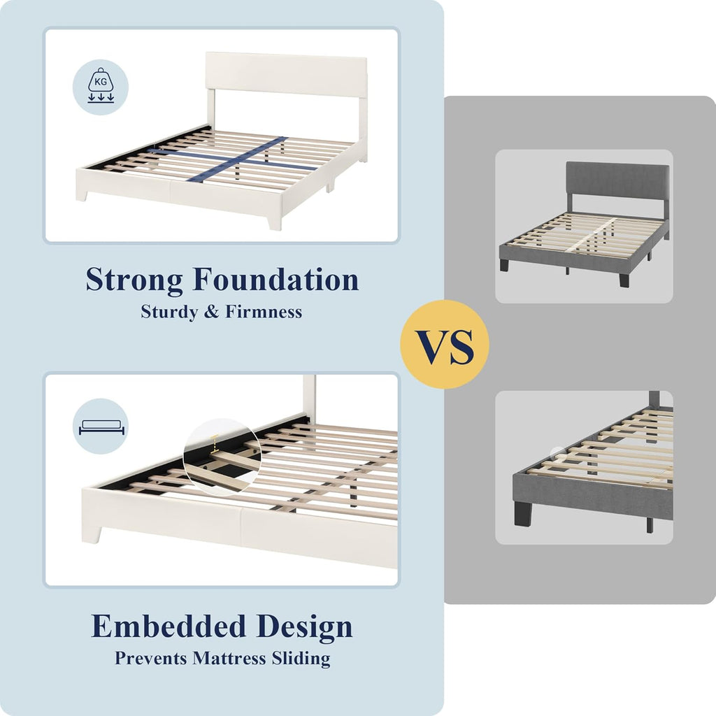 Full Bed Frame with Adjustable Headboard, Faux Leather Platform Bed with Wood Slats, Heavy Duty Mattress Foundation