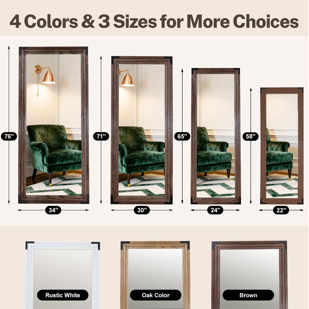 Full Length Mirror 76"x34", Solid Wood Frame Standing Mirror, Brown