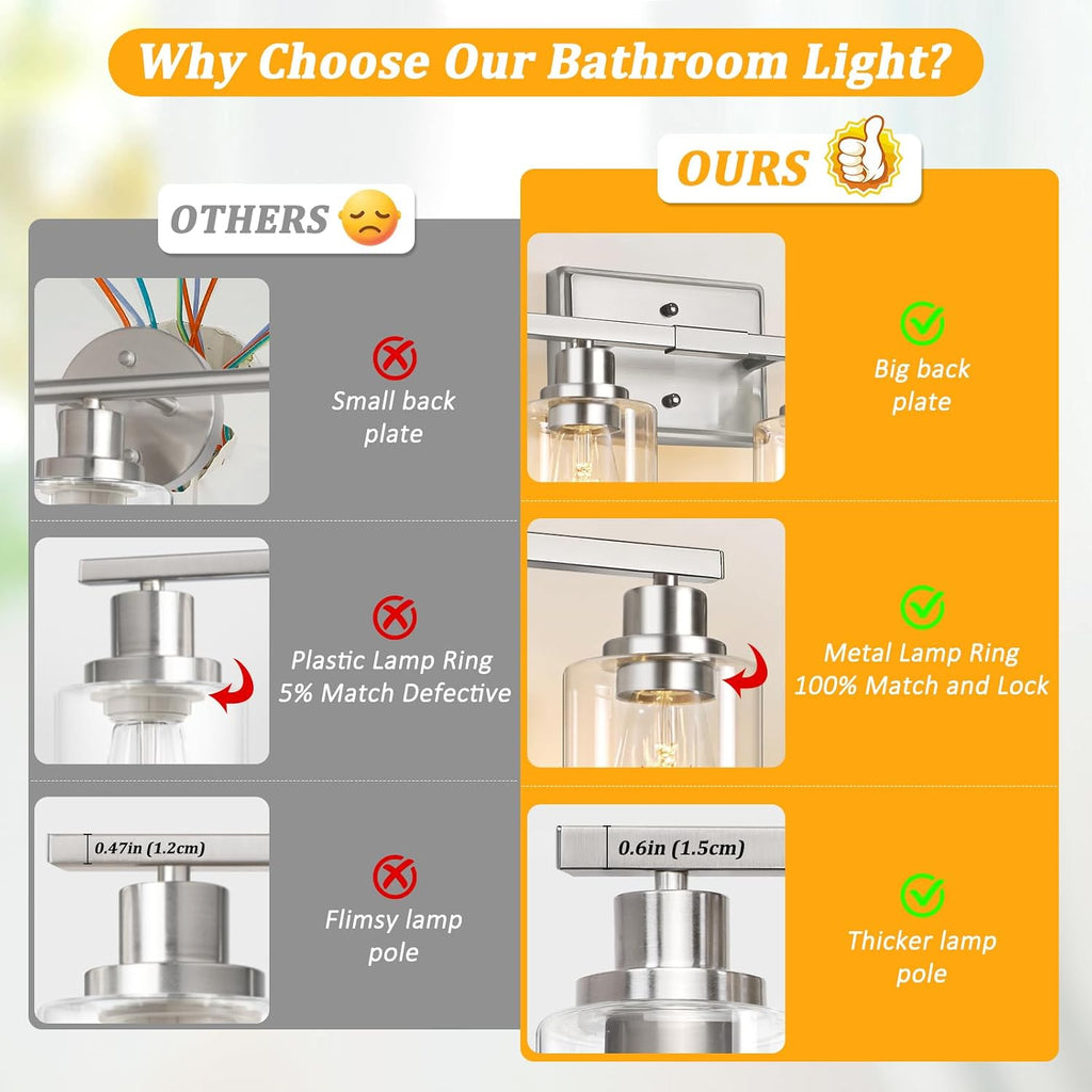 4-Light Bathroom Light Fixtures, Modern Vanity Lights with Clear Glass Shades, Brushed Nickel Bathroom Wall Lamp for