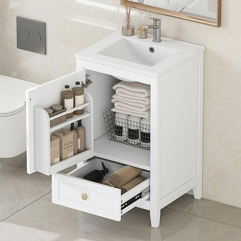 20-inch Solid Wood Bathroom Vanity with Sink, Free Standing Cabinet, Soft Closing Door, Storage Rack