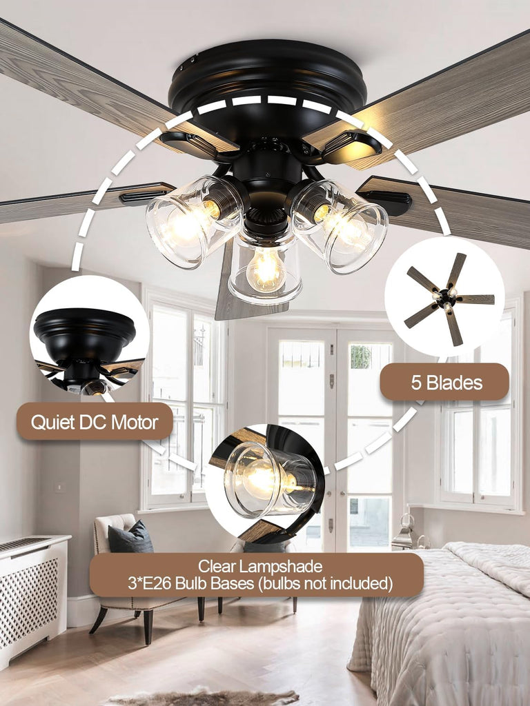 52 Inch Flush Mount Vintage Ceiling Fan with Lights and Remote