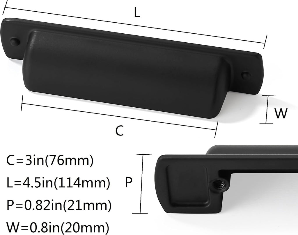 6 Pack Black Cup Pulls 3"(76mm) Center to Center Drawer Pulls Matte Black Cabinet Cup Pulls Kitchen Cabinet Hardware