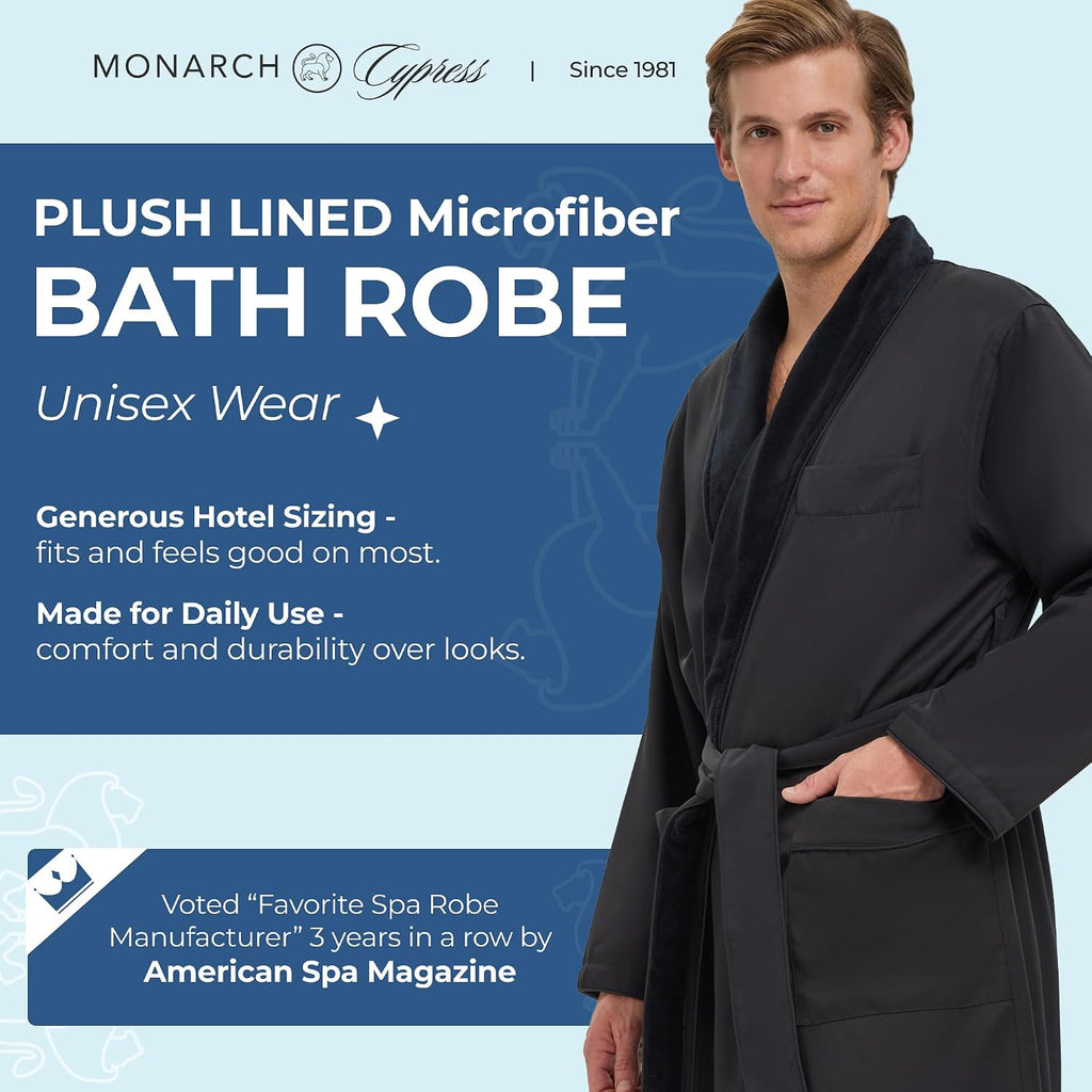 Unisex Plush Lined Microfiber Bath Robe | Soft Shell with Polyester Lining, Resort-Grade Hotel & Spa Robe with Pocket