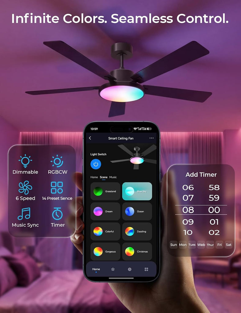 Smart Ceiling Fan with Lights, 52'' RGBCW Ceiling Fan with Lights and Remote App Voice Control, Reversible DC Motor