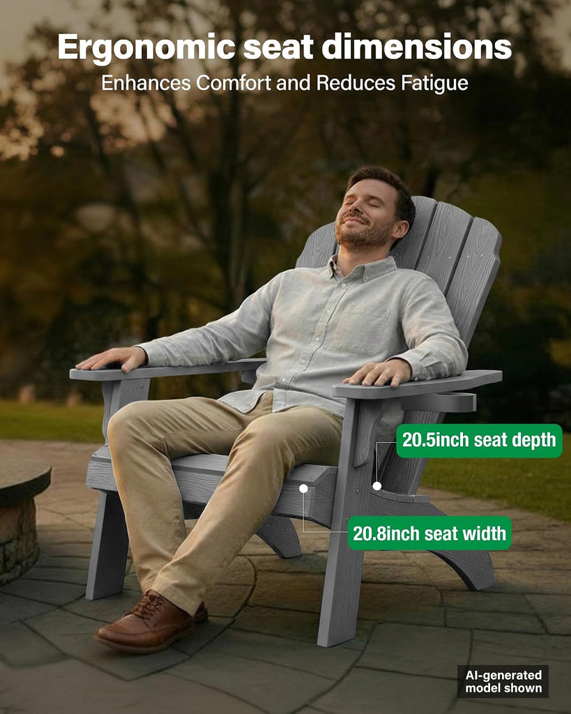Oversized Adirondack Chair with Cup-Holder - Grey | Heavy Duty Poly Lumber Outdoor Fire Pit Chair, Weather Resistant
