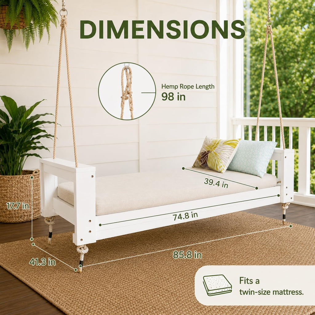 Twin Size Porch Swing Bed, Acacia Wood Outdoor Hanging Daybed Swing with 4 Hemp Ropes and Rope Clips, Wooden Patio