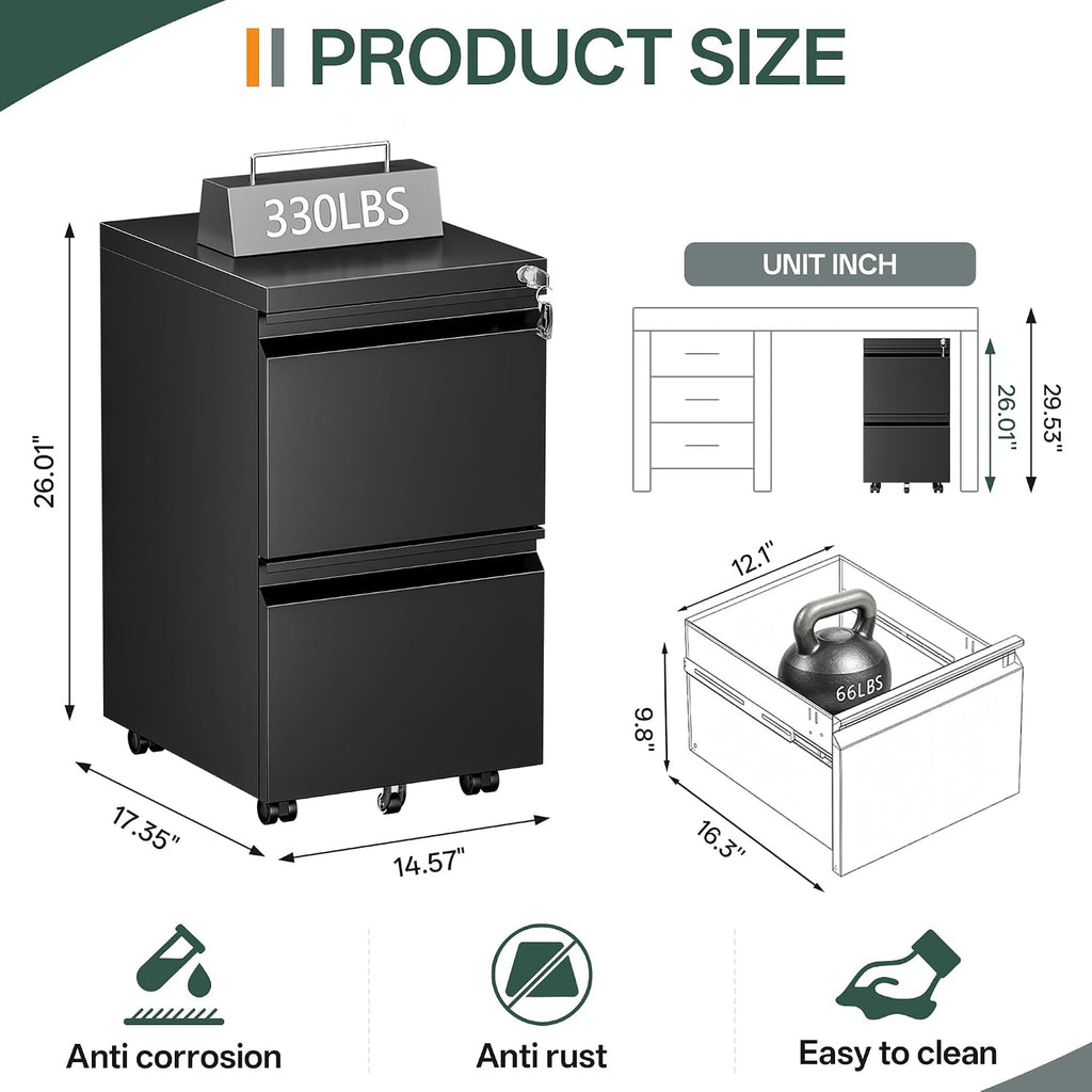 2 Drawer Mobile File Cabinet with Lock, Fully Assembled | Under Desk Metal Filing Cabinet Organization, Fits