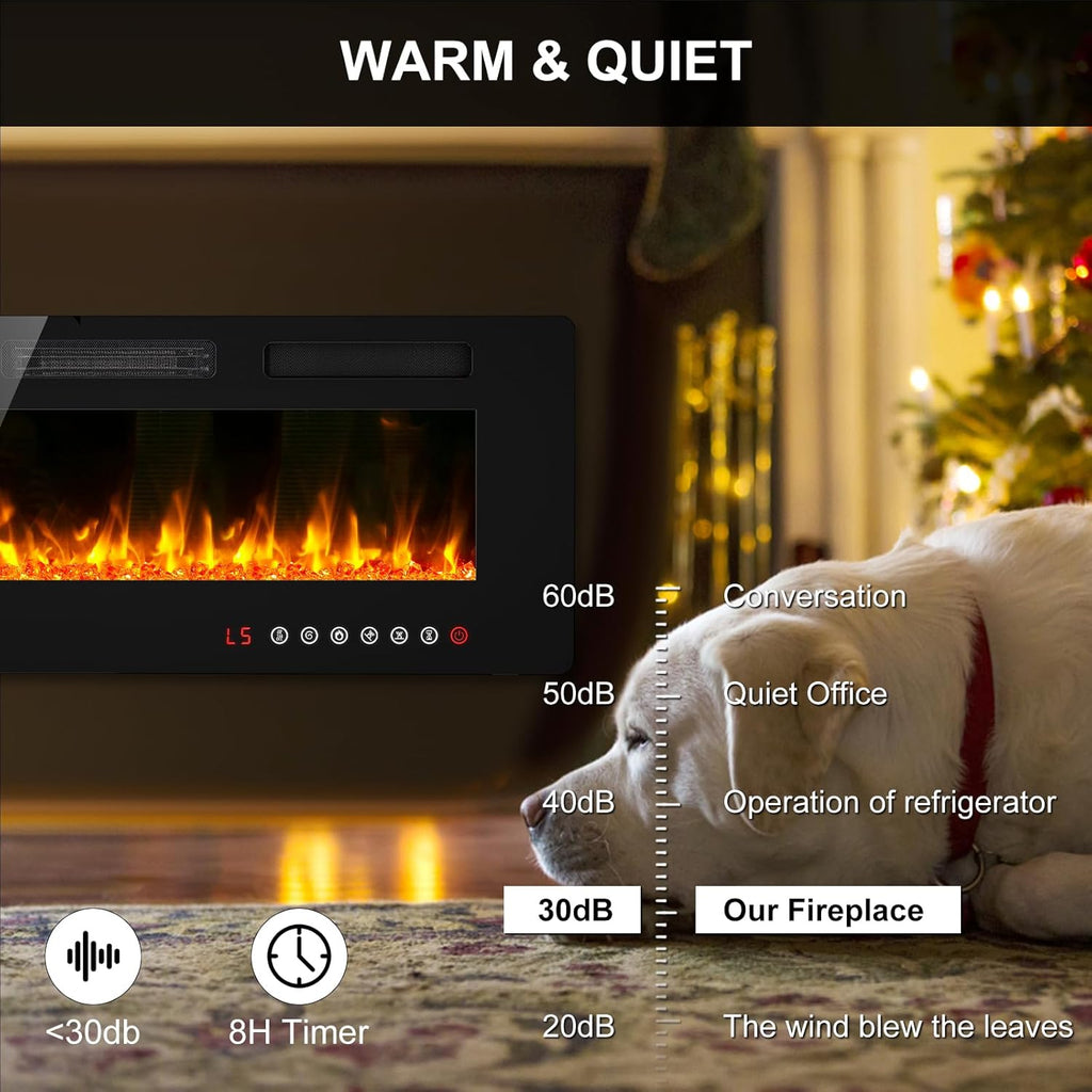 60" Ultra Thin Electric Fireplace Insert-ETL Certified, Recessed/Wall Mount, 3D Flame with Crystal