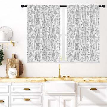 Vintage Floral Kitchen Window Curtains Small Short Mini Cafe Rod Pocket Retro Flower Black Grey and White Living Bedroom Room Home Treatment Set of 2 Curtain Panels Drapes Tiers