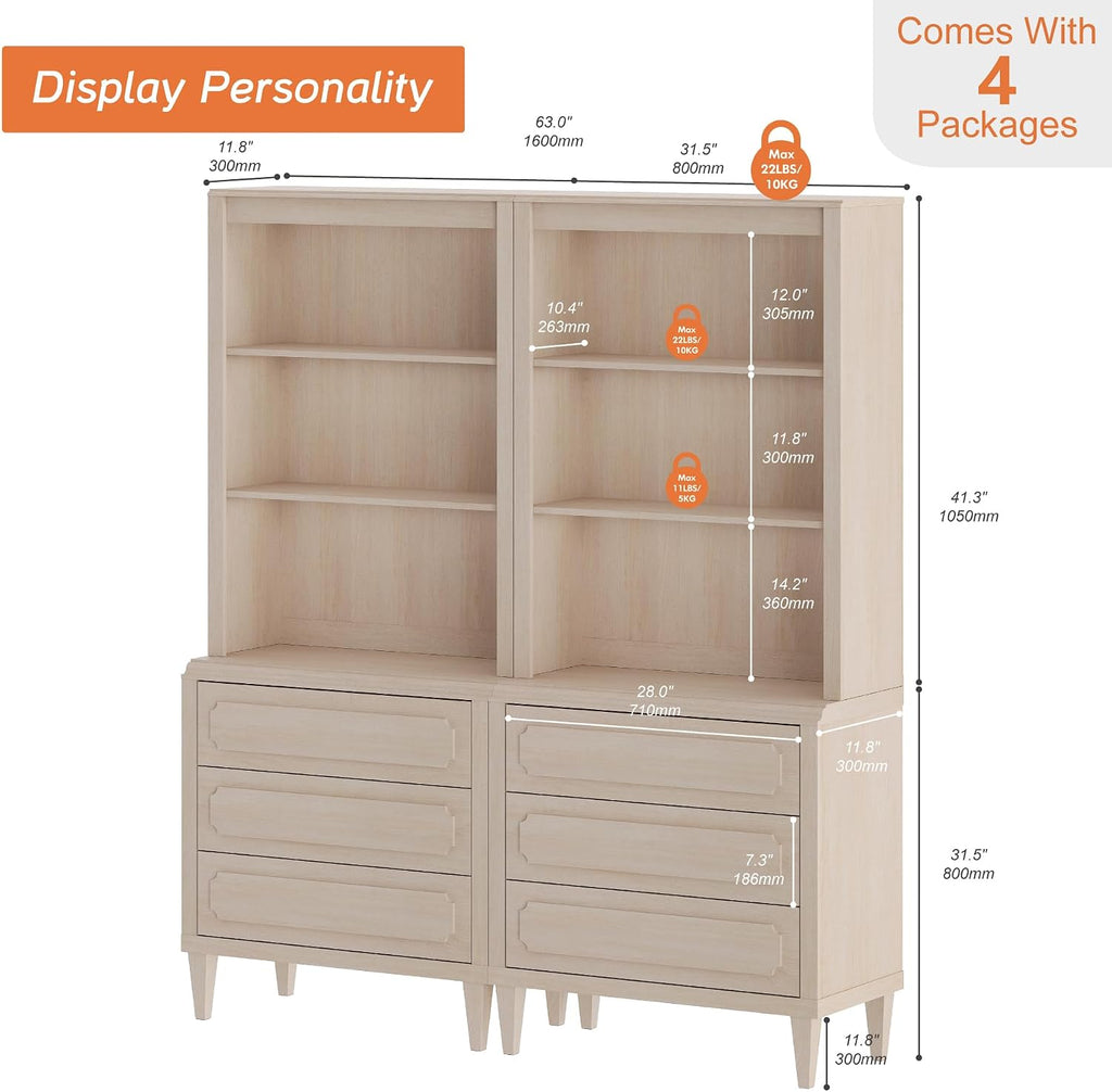 72.8" Tall Bookshelf with Drawers, 5 Tier Large Bookcase, Beige - Set of 2