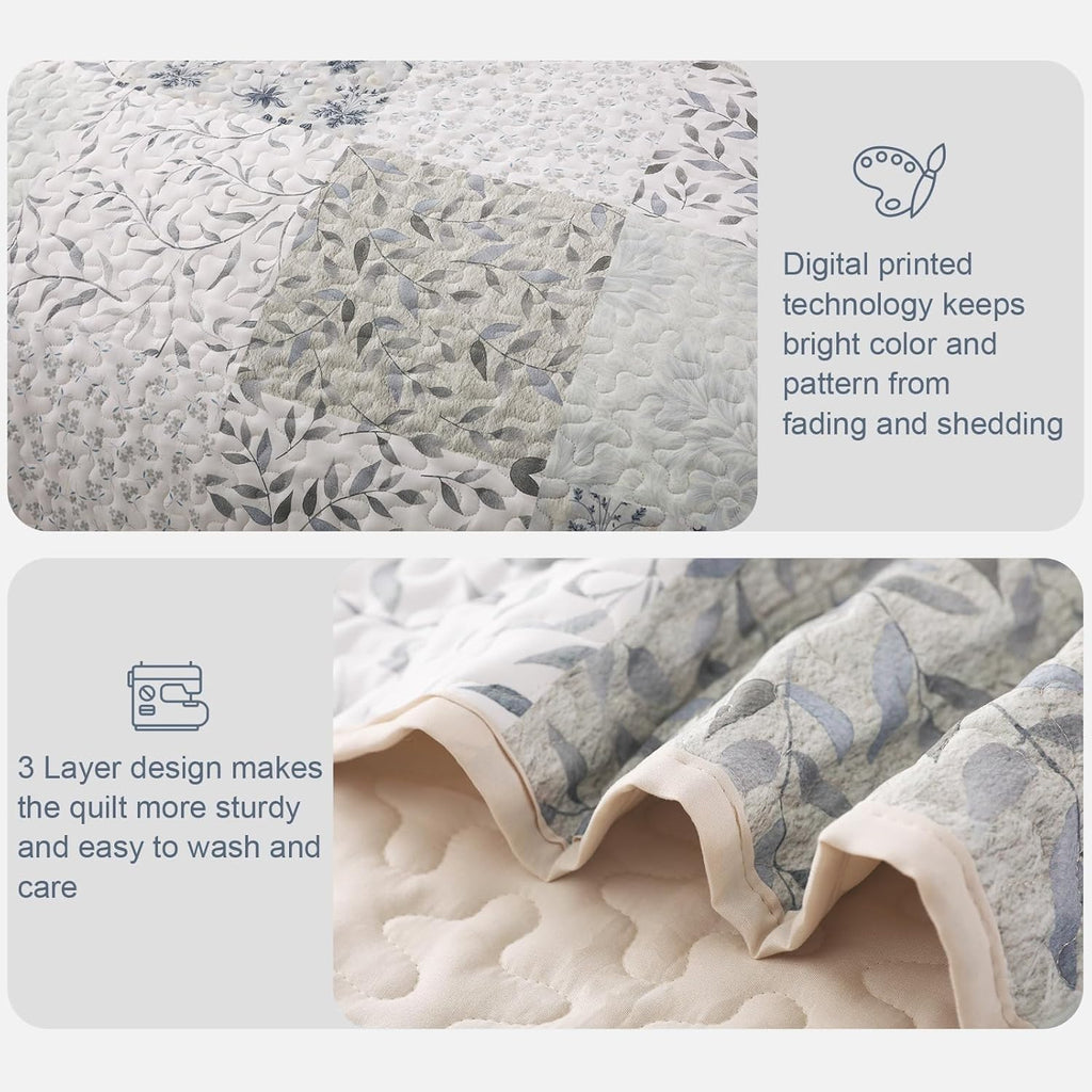 Reversible Boho Quilts, Gray Soft Bedspreads Lightweight Coverlet All Season Patchwork Quilt Bedding Set